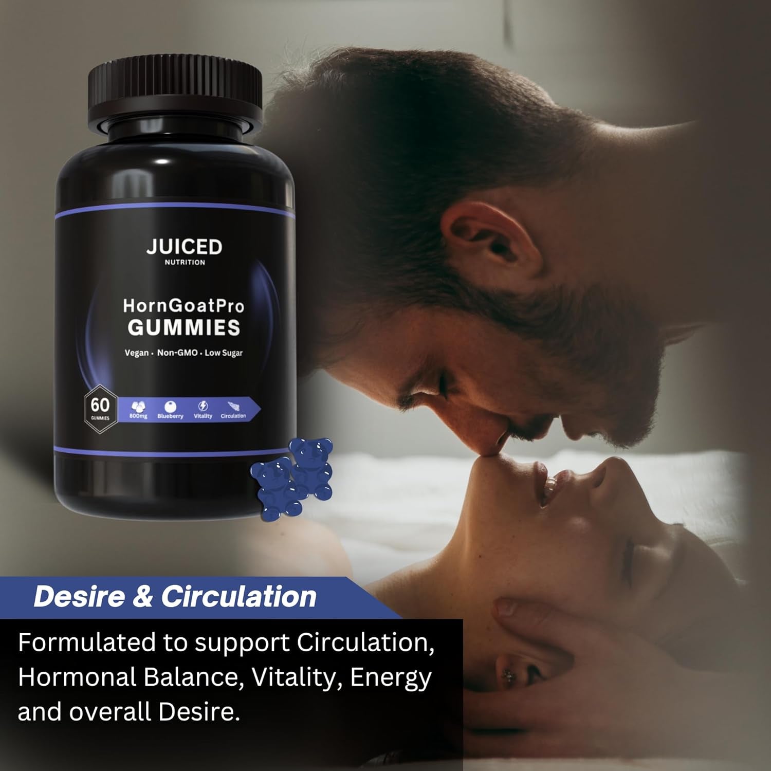 Horngoatpro Gummies - 60 Gummies Blueberry Flavour - with Added Tongaliextract, Maca Root, L-Arginine for Maximum Effect - Vegan, Non GMO, Gluten Free and Low Sugar - for Vitality