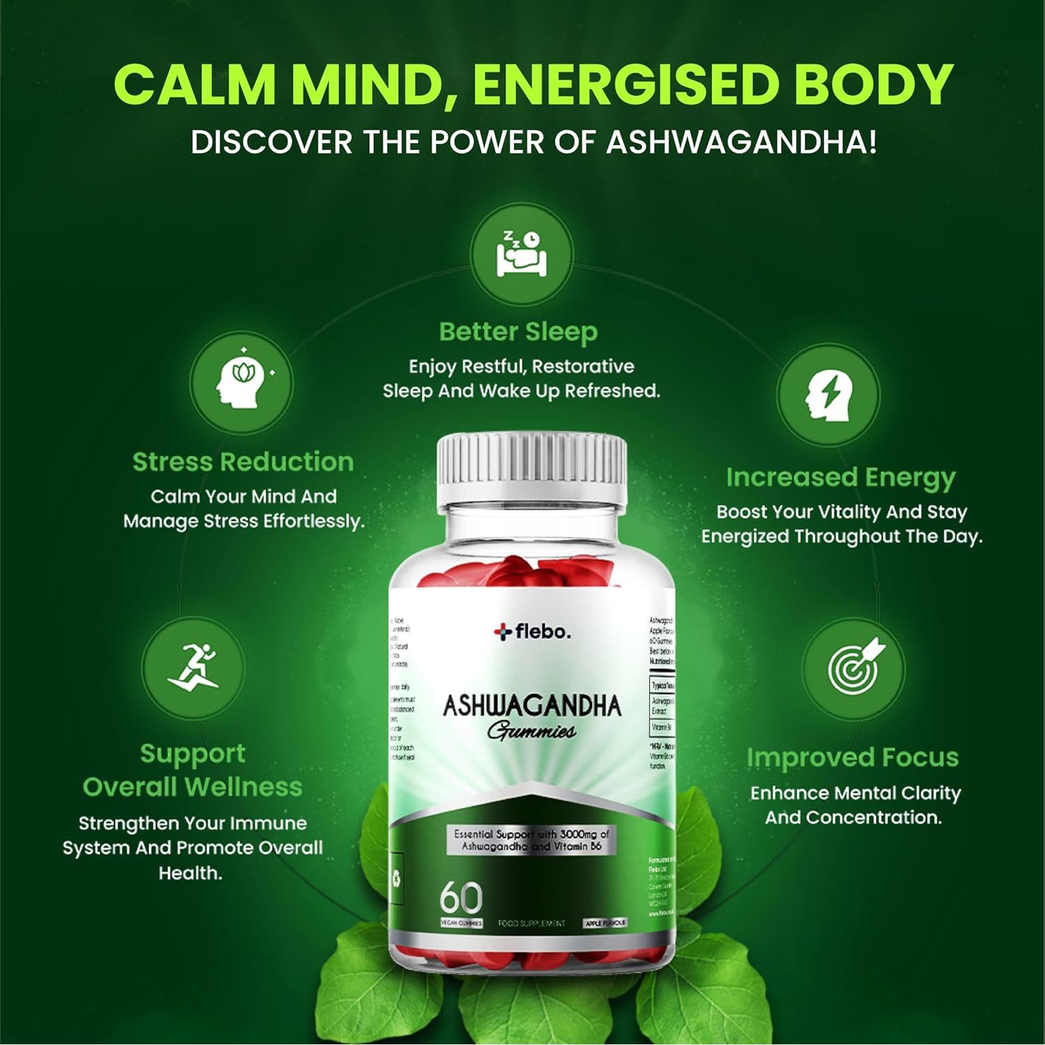 Flebo Ashwagandha High Strength Gummies, Vegan & Gluten-Free I Stress & Anxiety Relief for Adults, Ashwagandha Gummies Supplement for Relaxation and Wellness 60 Two - a - Day I Apple Flavor