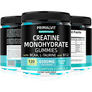 120 Creatine Gummies 6500Mg Sugar-Free Complex – Pre-Workout Creatine Monohydrate + BCAA, L-Taurine, B12 – Max Strength Chewable Gym Supplement – Vegan Gummy Chews for Men & Women – Primalvit