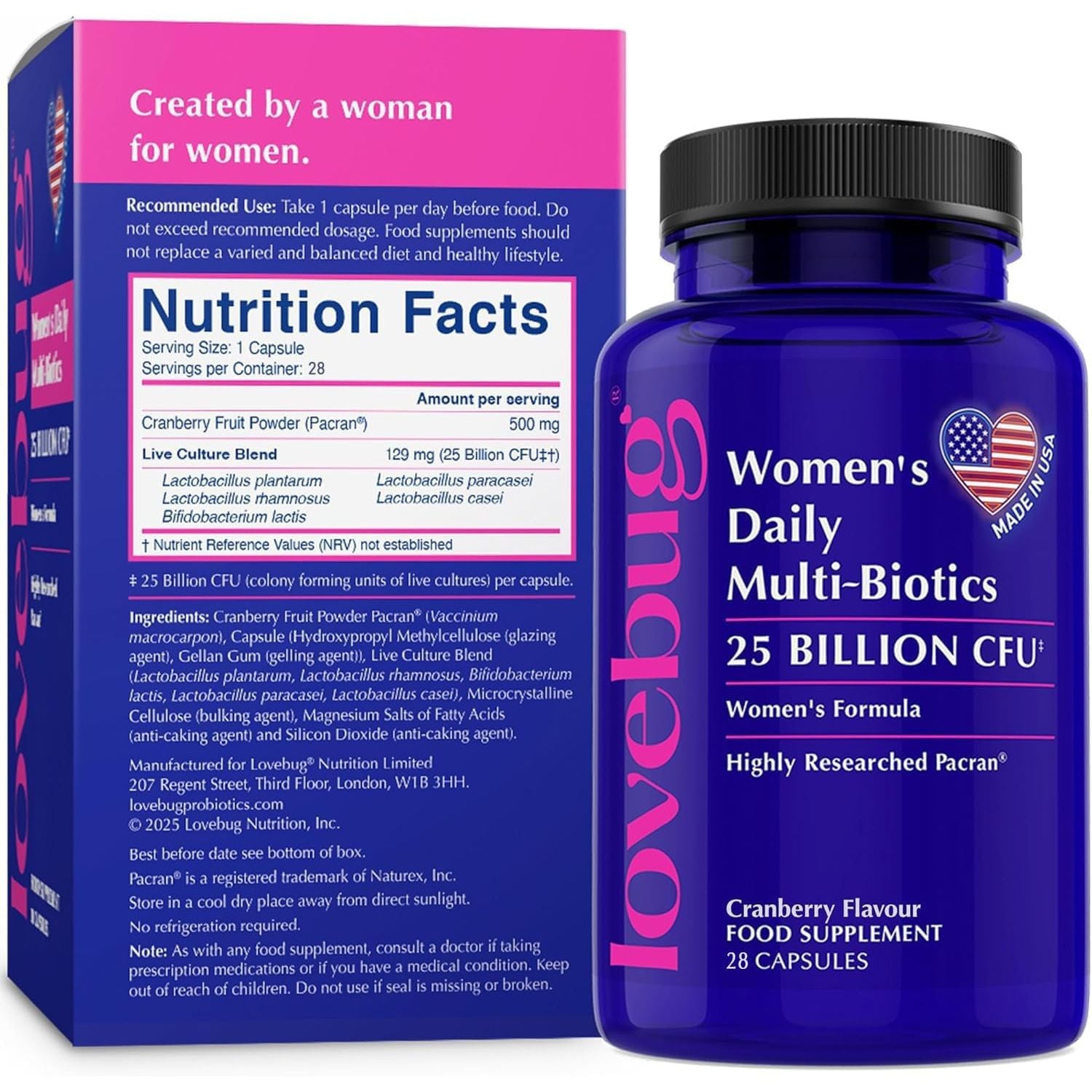 Lovebug Women’S Daily Multi-Biotics | Clinically Studied Ingredients | Multi-Strain 25 Billion CFU | 28 Capsules, Cranberry Flavoured