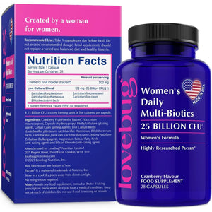 Lovebug Women’S Daily Multi-Biotics | Clinically Studied Ingredients | Multi-Strain 25 Billion CFU | 28 Capsules, Cranberry Flavoured