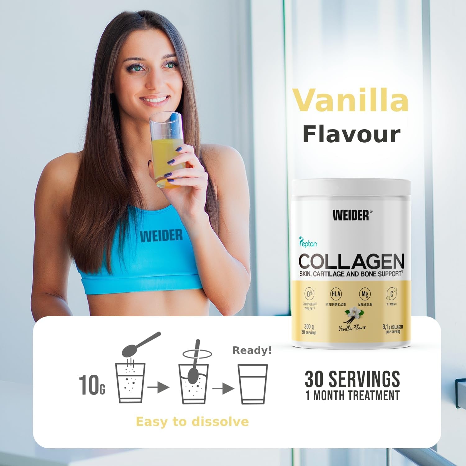 Weider Collagen (300G) Vanilla Flavour. Hydrolysed Collagen Peptides Powder Type I 100% Peptan with Hyaluronic Acid, Magnesium, Vitamin C, Sugar-Free, for Skin, Cartilage, Bones and Hair