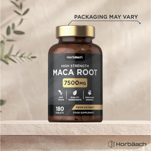 Maca Root 7500Mg | High Strength Maca Supplement for Men & Women | Peruvian Ginseng Extract | 180 Vegan Tablets | by Horbaach