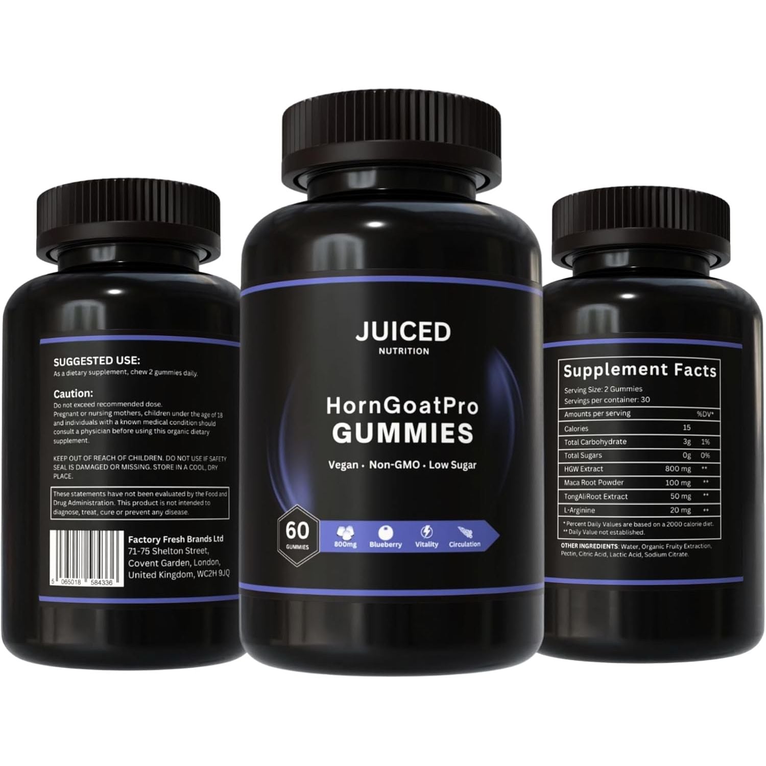 Horngoatpro Gummies - 60 Gummies Blueberry Flavour - with Added Tongaliextract, Maca Root, L-Arginine for Maximum Effect - Vegan, Non GMO, Gluten Free and Low Sugar - for Vitality