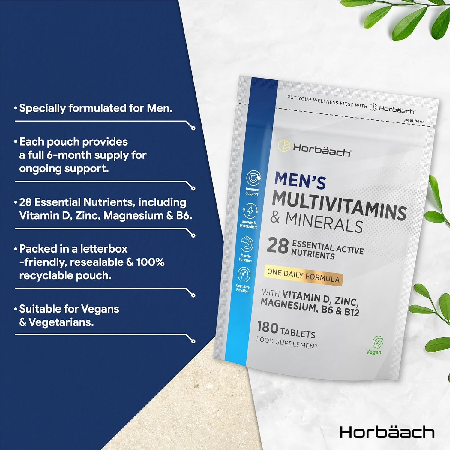 Multivitamin Tablets for Men | 180 Count | 28 Essential Nutrients | with Zinc, Magnesium, Vitamin D3, B12 and More! | Vegan Supplement | by Horbaach