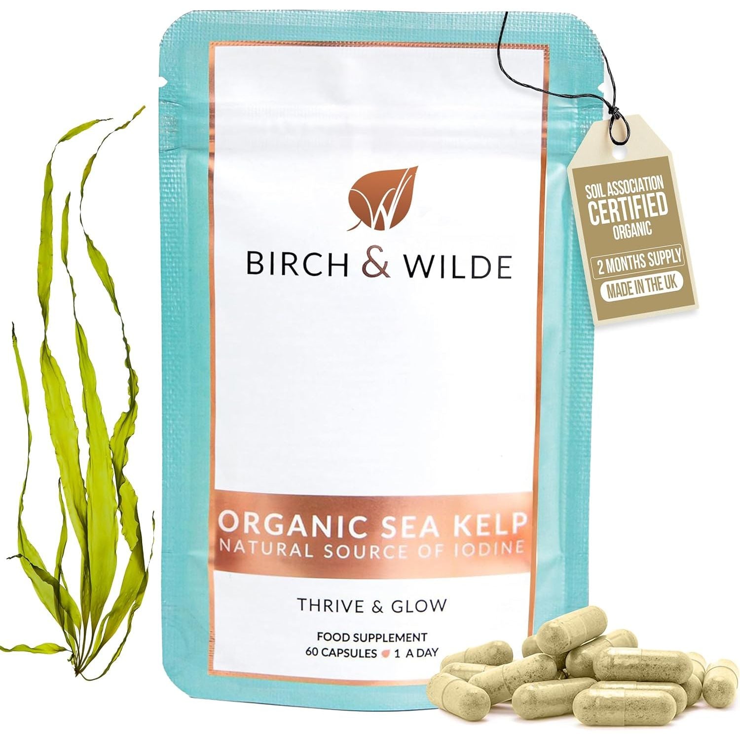 Sea Kelp 500 Mg with Iodine, High Strength Vegan Supplement for Thyroid Support and Skin, Soil Association Organic and Made in UK, 60 Capsules (2 Months Supply)