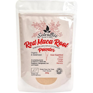 Organic Red Maca Root Gelatinized Powder, Soil Association Certified, 250G from the High Peruvian Mountains.
