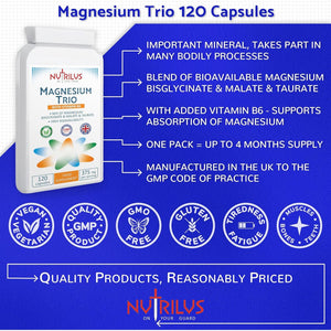 Nutrilus Magnesium Trio Complex 120 Capsules 375Mg per Serving - Magnesium Bisglycinate & Malate & Taurate and Vitamin B6 - Vegan UK Made Supplement