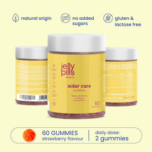 Jelly Pills® Beta Carotene Gummies with Lycopene, Copper and Vitamins A, C and E - No Sugar Added - 60 Strawberry Flavoured Vegan Gummies to Accelerate Your Skin'S Tanning Process