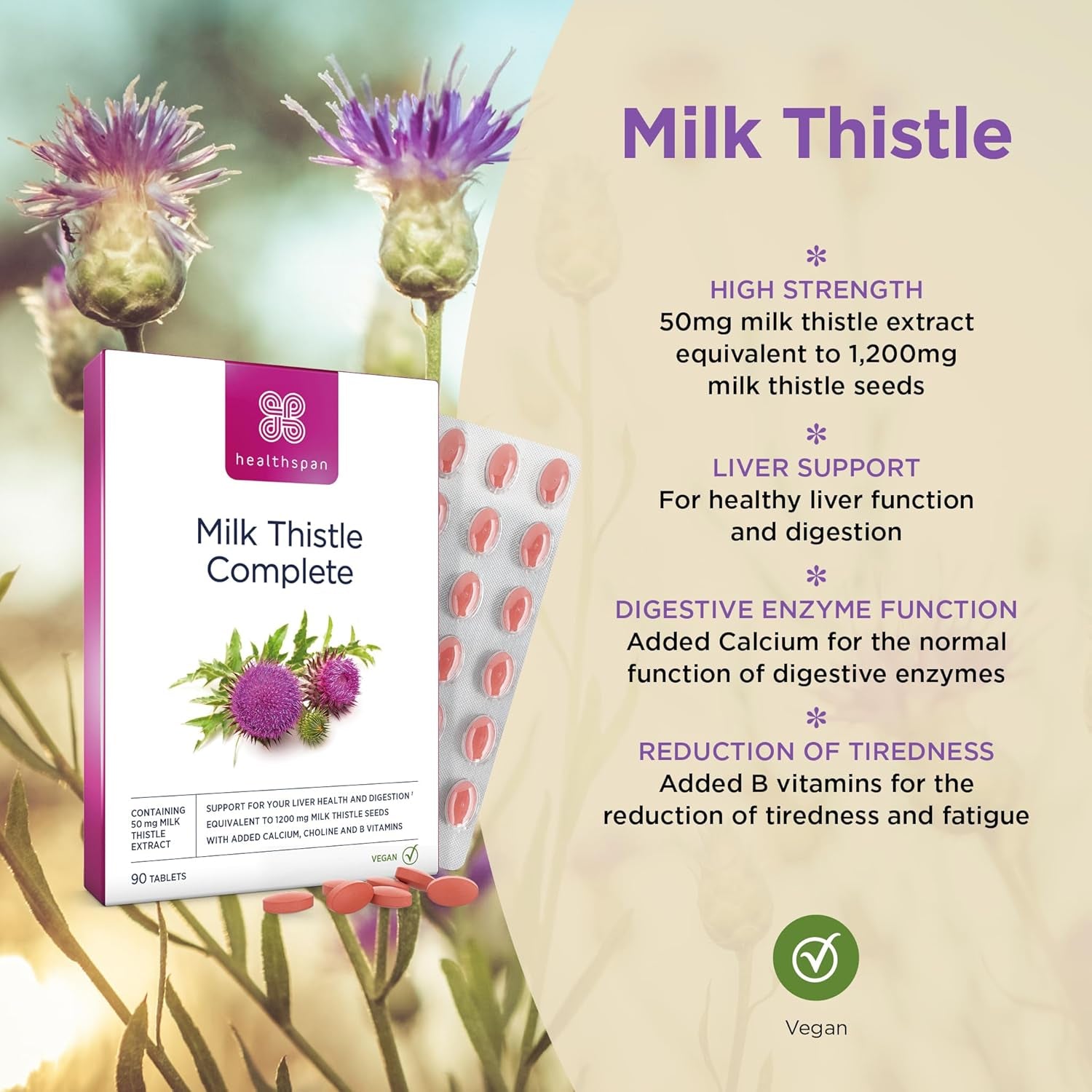 Healthspan Milk Thistle Complete (90 Tablets) | 50Mg Milk Thistle Extract | with B Vitamins, Calcium & Choline to Support Your Digestive Health & Liver Function | Vegan Friendly
