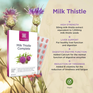 Healthspan Milk Thistle Complete (90 Tablets) | 50Mg Milk Thistle Extract | with B Vitamins, Calcium & Choline to Support Your Digestive Health & Liver Function | Vegan Friendly