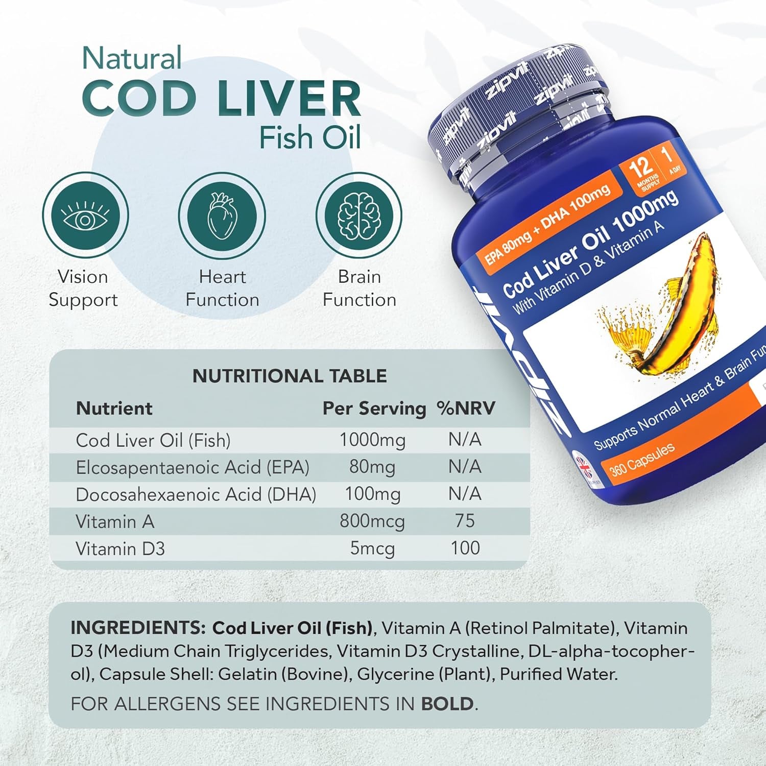 Zipvit Cod Liver Oil 1000Mg, 360 Capsules of High Strength Fish Oil, Rich in Omega 3. Supports Heart Health, Brain Health, Eye Health and Normal Blood Pressure