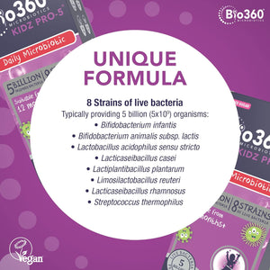 Natures Aid Bio360 Kidz Pro-5 Daily Microbiotic Powder 90G for Children 12 Months to 12 Years - 5 Billion Friendly Bacteria - Supports Digestive Health & Immunity Sugar Free Vegan Non-Gmo Gluten-Free