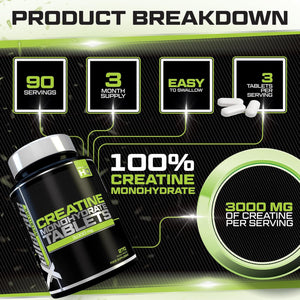 Creatine Monohydrate Tablets 3000Mg - 270 Vegan Tablets - 3 Month Supply - Pre Workout Energy Supplement for Men & Women - Powder & Capsules Alternative - Made in the UK - Xellerate Nutrition