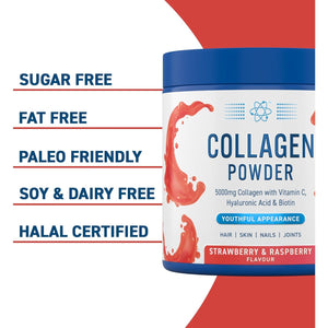 Applied Nutrition Collagen Powder - Strawberry & Raspberry Flavour - 5000Mg Hydrolysed Bovine Flavoured Collagen Peptides with Vitamin C, Hyaluronic Acid & Biotin (165G - 30 Servings)