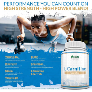 L-Carnitine Tartrate Complex 2200Mg - 180 Vegan Capsules - with Chromium, Riboflavin, Biotin, Vitamin D, B3 & B6 - High Strength L Carnitine Supplement - Made in the UK - Nu U Nutrition