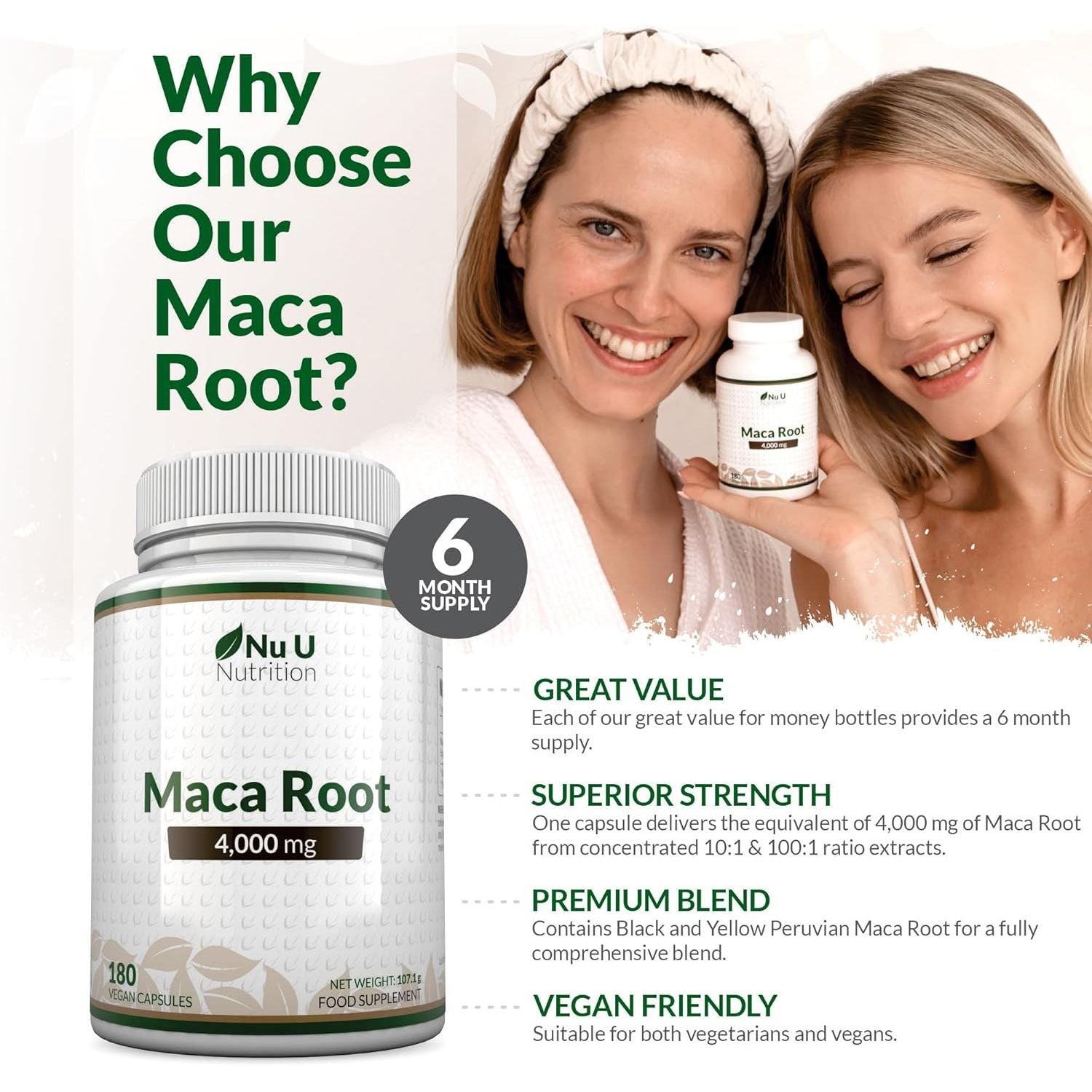 Maca Root Capsules 4000Mg - 180 Vegan Capsules - 6 Month Supply - High Strength Peruvian Maca Root for Men & Women - Made in the UK - Nu U Nutrition
