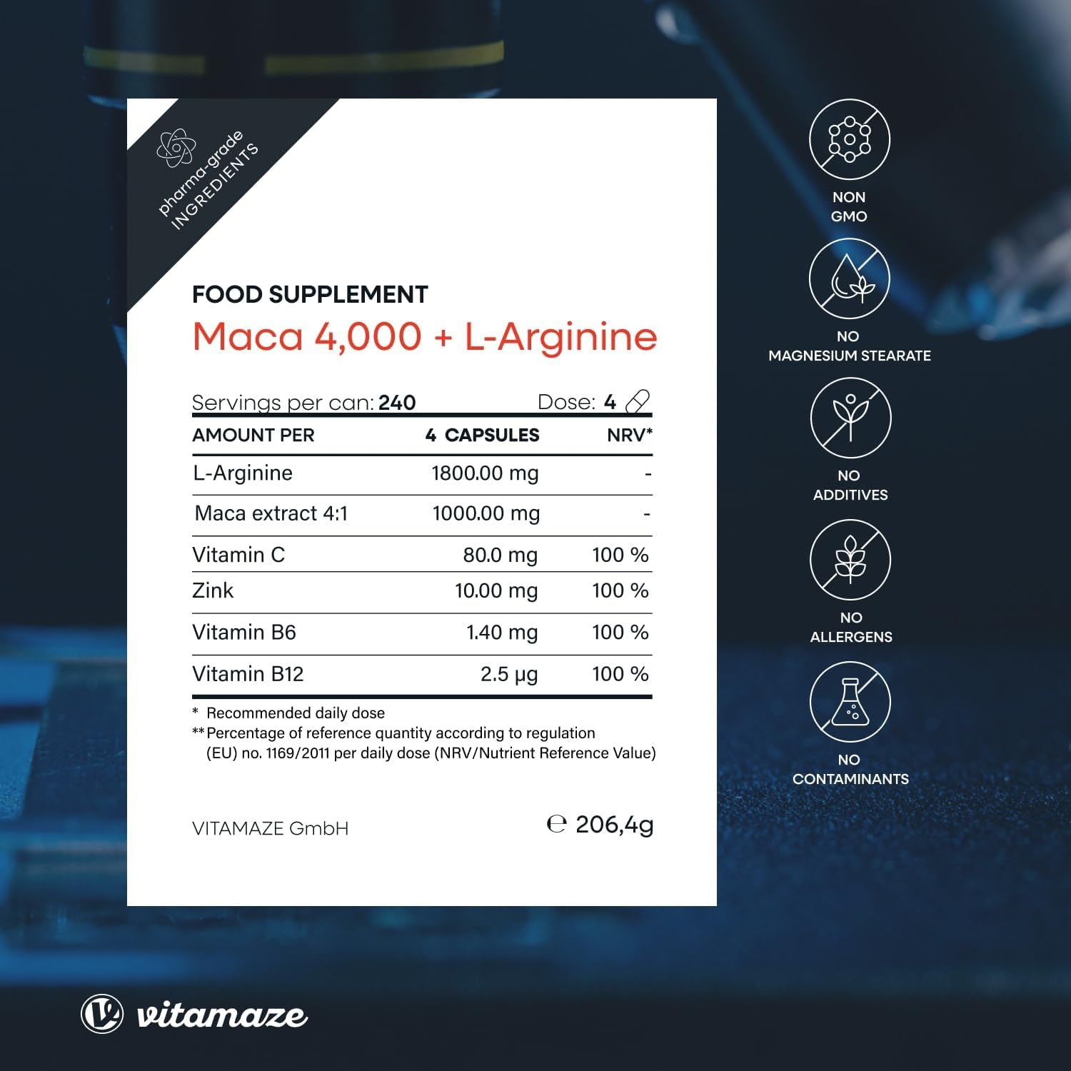 Maca Root Capsules for Women and Men with L-Arginine, B6, B12 and Zinc - Hormonal Balance, Anti-Stress, Energy Booster - 240 Capsules for 2 Months - Organic Supplement, German Quality- Vitamaze