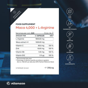 Maca Root Capsules for Women and Men with L-Arginine, B6, B12 and Zinc - Hormonal Balance, Anti-Stress, Energy Booster - 240 Capsules for 2 Months - Organic Supplement, German Quality- Vitamaze