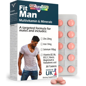 VITAGENERICS Fitman High Strength Multivitamin & Minerals | 30 Tablets| with Zinc, Iron, Biotin, Vitamin D, Magnesium, B-Complex & More! UK Made Supplement for Men