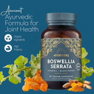 Ayurvediq Boswellia Serrata and Turmeric with Black Pepper Piperine Capsules – 60 Vegan Organic Turmeric Curcumin Capsules a Natural anti Inflammatory Supplement Joint Support - Ayurvedic Products