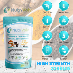 Nutrivolv Turmeric Curcumin 3200Mg with Ginger & Black Pepper for Enhanced Absorption | High Strength | Organic | Vegan 120 Tablets | Joint Support, Inflammation & Pain Relief