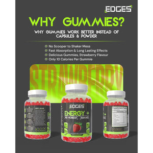 Edges Energy Gummies 60 Guarana Gummies for Men & Women - Guarana Energy Gummies - Strawberry Flavoured Pre-Workout - Gym Supplement - with B12 Vitamins, Lion'S Mane and Maca Root