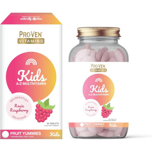 Proven A-Z Kids Multivitamin Chewable Tablets Raspberry Flavour Yummies 60 Tablets Daily Childrens Multivitamins with 13 Essential Vitamins for Immune Function, Bones, Teeth & Energy - 2 Month Supply