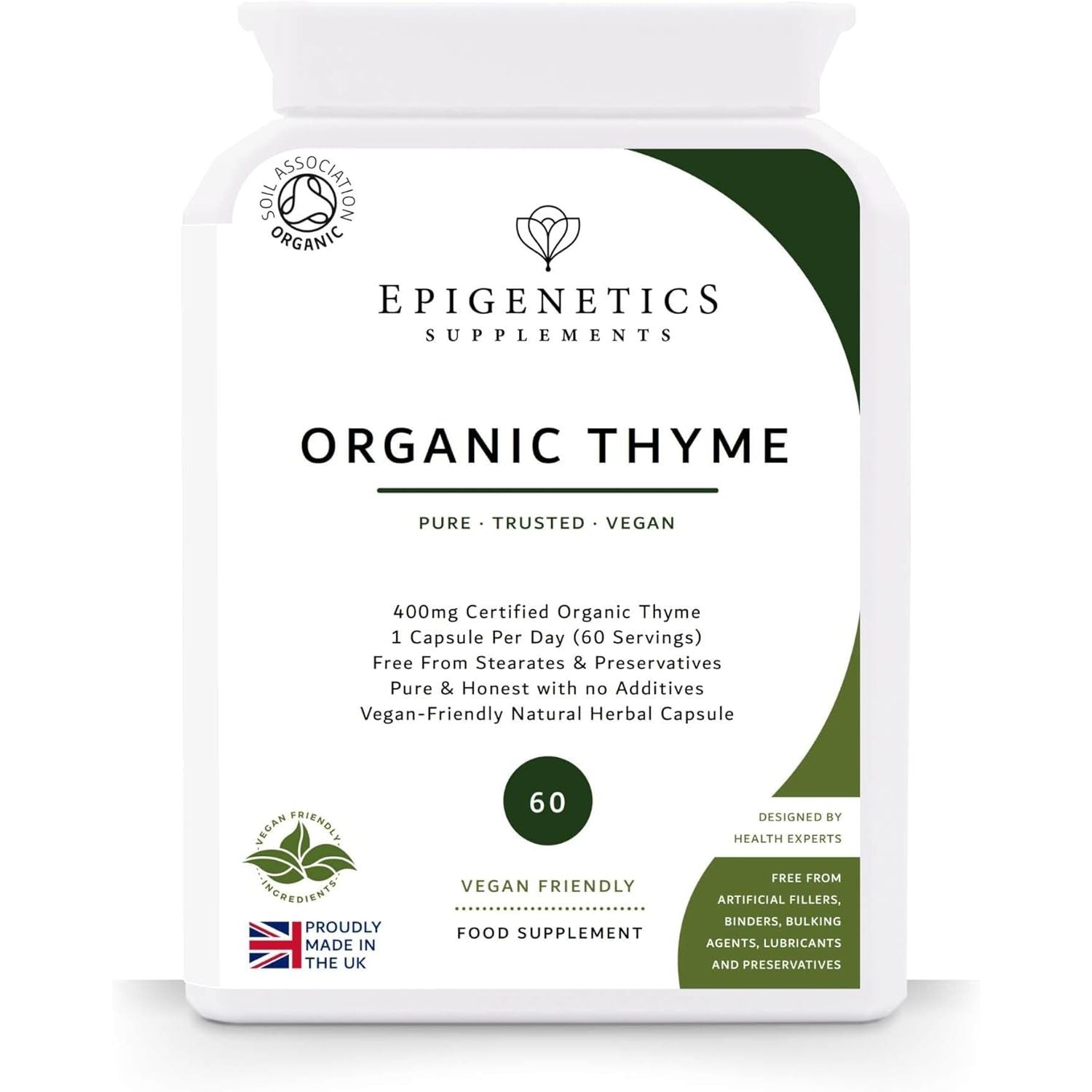 Organic Thyme 400Mg | Natural Thymus Vulgaris Herb Supplement | 60 Capsules | Vegan Friendly & Herbal UK Made | 60 Servings, 2 Month Supply by Epigenetics