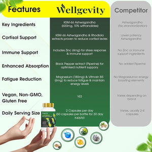 Wellgevity Cortisol Reducing Supplements Featuring High-Strength Ashwagandha KSM-66 with Added Zinc for Enhanced Immune Support. Ashwagandha High Strength Potent Formula 6000 Mg & Rhodiola Extracts.