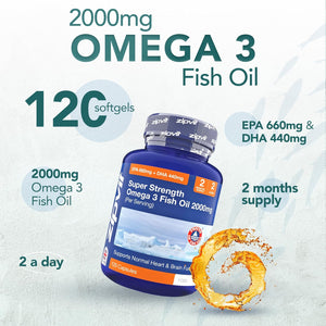 Omega 3 Fish Oil 2000Mg, EPA 660Mg DHA 440Mg per Daily Serving. 120 Capsules (2 Months Supply). Supports Heart, Brain Function and Eye Health. 2 Capsules per Serving