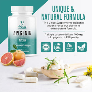 Vinco Apigenin 100Mg Supplement - 120 Sleep Capsules for Better Relaxation, 99%+ Pure Natural Formula - NAD Booster, Apigenin Sleep Supplements, Natural Sleep Aid for Adults - Made in the UK