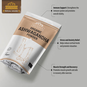 Ausha Organic Ashwagandha Powder 100G High Strength - UK Certified Organic by Soil Association - Stress & Anxiety Relief, Energy, Sleep Aid - Whole Ashwagandha Root Used