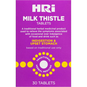 HRI Milk Thistle 30 Tablets - to Relieve Symptoms Associated with over Indulgence of Food and Drink Such as Indigestion and Upset Stomach. 300 Mg of Milk Thistle Extract. 1 Pack