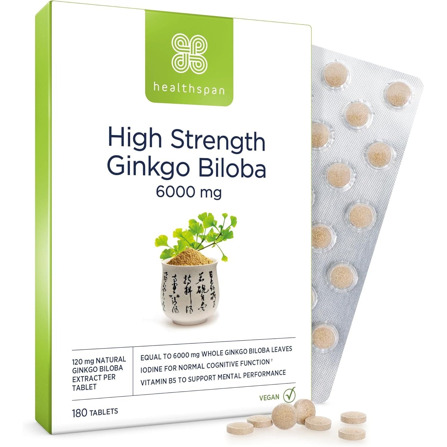 Healthspan Ginkgo Biloba 6,000Mg | High Strength | 180 Tablets | Iodine | Vitamin B5 | Flavone Glycosides | Vegan