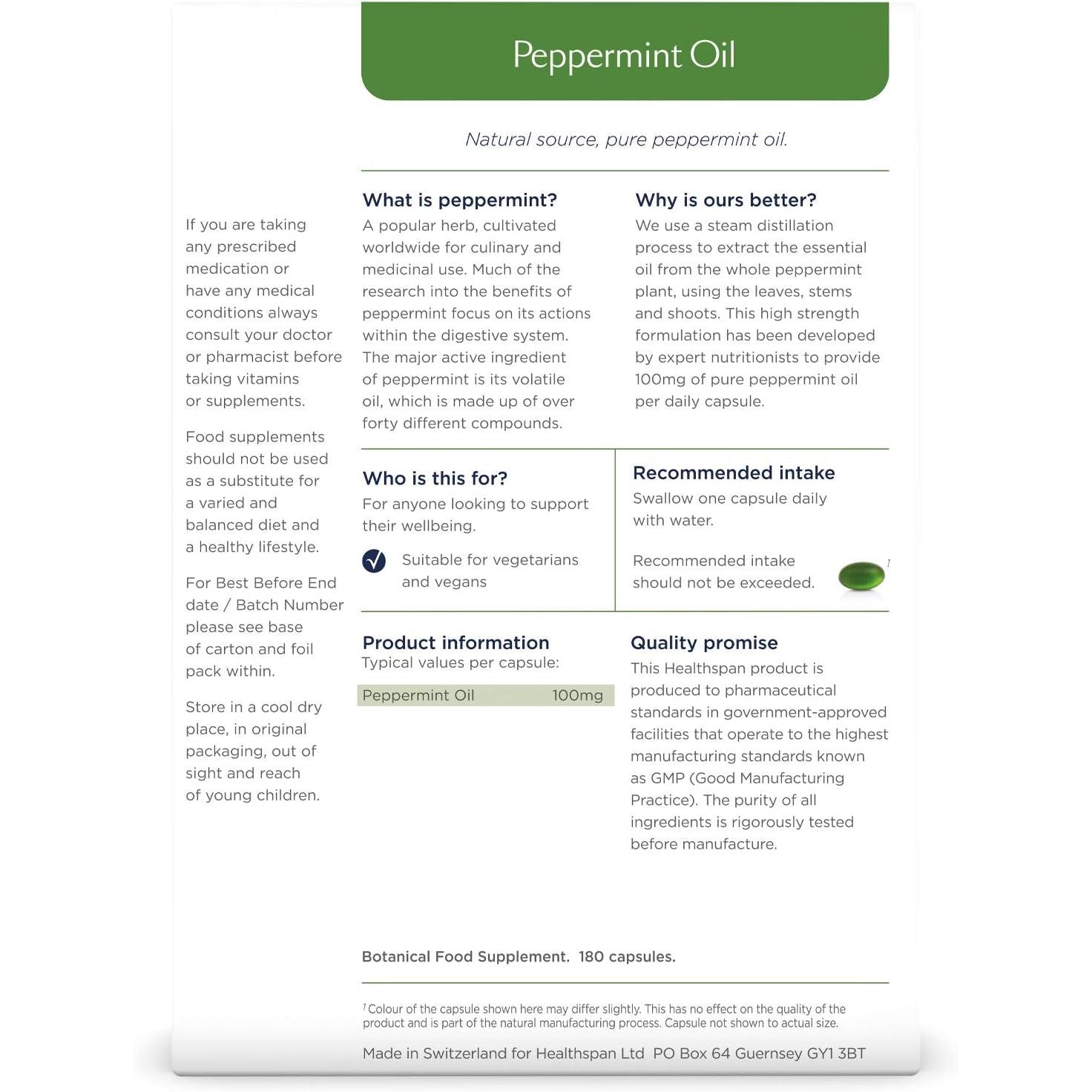 Healthspan High Strength Peppermint Oil 100Mg (180 Capsules) | Helps to Support a Healthy Digestion | One-A-Day & Easy to Swallow Capsule | Vegan