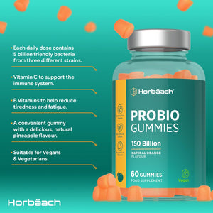 Probio Gummies | 150 Billion Friendly Bacteria per Bottle | Multi-Strain | 5 Billion X 60 Orange Flavour Gummies | for Men & Women | Vegan | 60 Count | by Horbaach