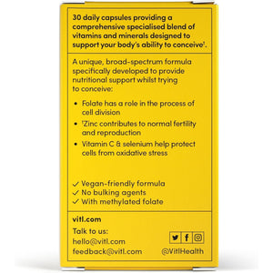 Vitl Female Fertility Supplement - 30 Vegan Capsules - Includes Folic Acid, Vitamin B12 & Zinc - Formulated with 17 Essential Nutrients & Vitamins - Conception Support for Women - 1 Month Supply