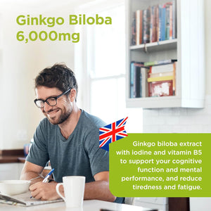 Healthspan Ginkgo Biloba 6,000Mg | High Strength | 180 Tablets | Iodine | Vitamin B5 | Flavone Glycosides | Vegan