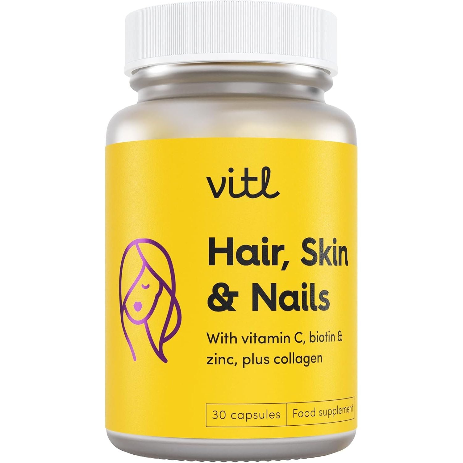 VITL Hair, Skin & Nails + Collagen, a Dose of Classic Complexion Heroes Such as Collagen, Vitamin E, Biotin and Zinc | 30 Capsules