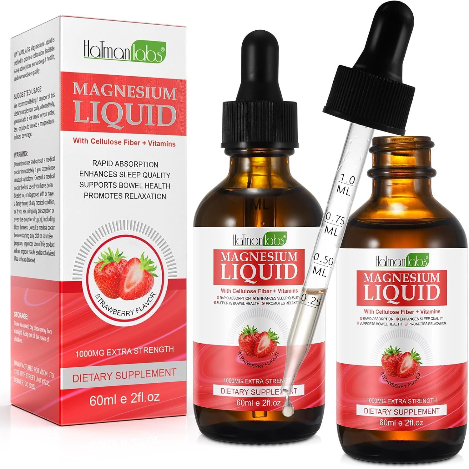 Magnesium Glycinate Liquid Drops,Liquid Complex with Magnesium Glycinate,Taurate,Cellulose Fiber,Bromelain,Vitamin B6,C,D and Zinc, Strawberry Flavor, 2 Fl Oz