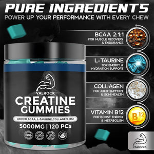 Creatine Gummies 5000Mg 120 Gummies - Added L-Taurine, Bcaa'S, Collagen, B12 - Pure Creatine Monohydrate Gummies for Muscle Recovery, Strength & Performance - Mixed Berry Flavour (1 Month Supply)