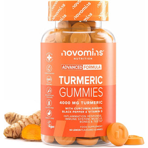 Turmeric Gummies – 4000Mg High Strength Turmeric and Ginger Gummies with Curcumin, Black Pepper & Vitamin D – Tumeric Supplements Joint Support –Immunity, Muscle & Bone – Novomins