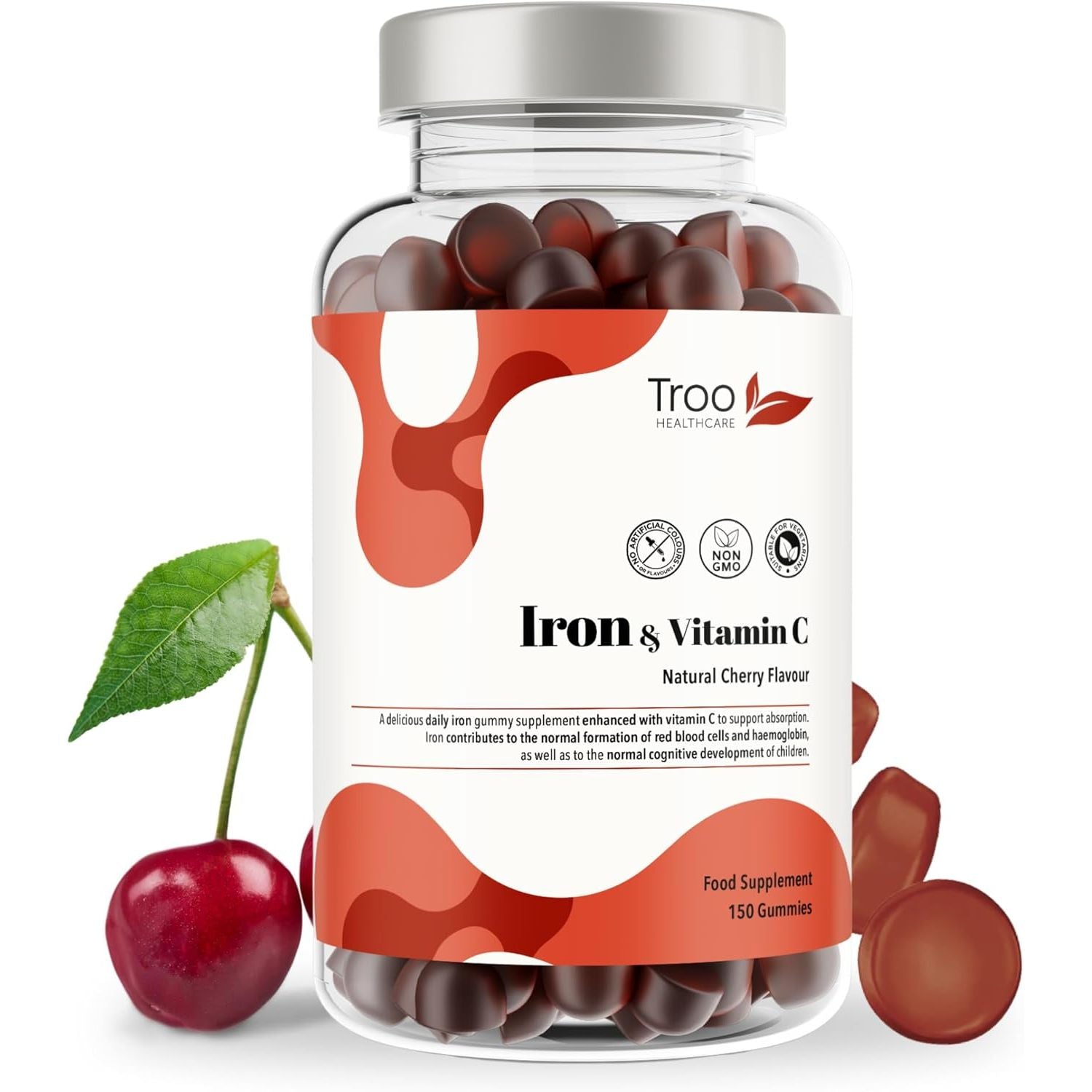 Troo Health Care Iron & Vitamin C - 150 Natural Cherry Flavour Gummies - Tasty Chewable Supplement for Men, Women and Kids - Increased Absorption Supports Cognitive & Red Blood Cell Formation