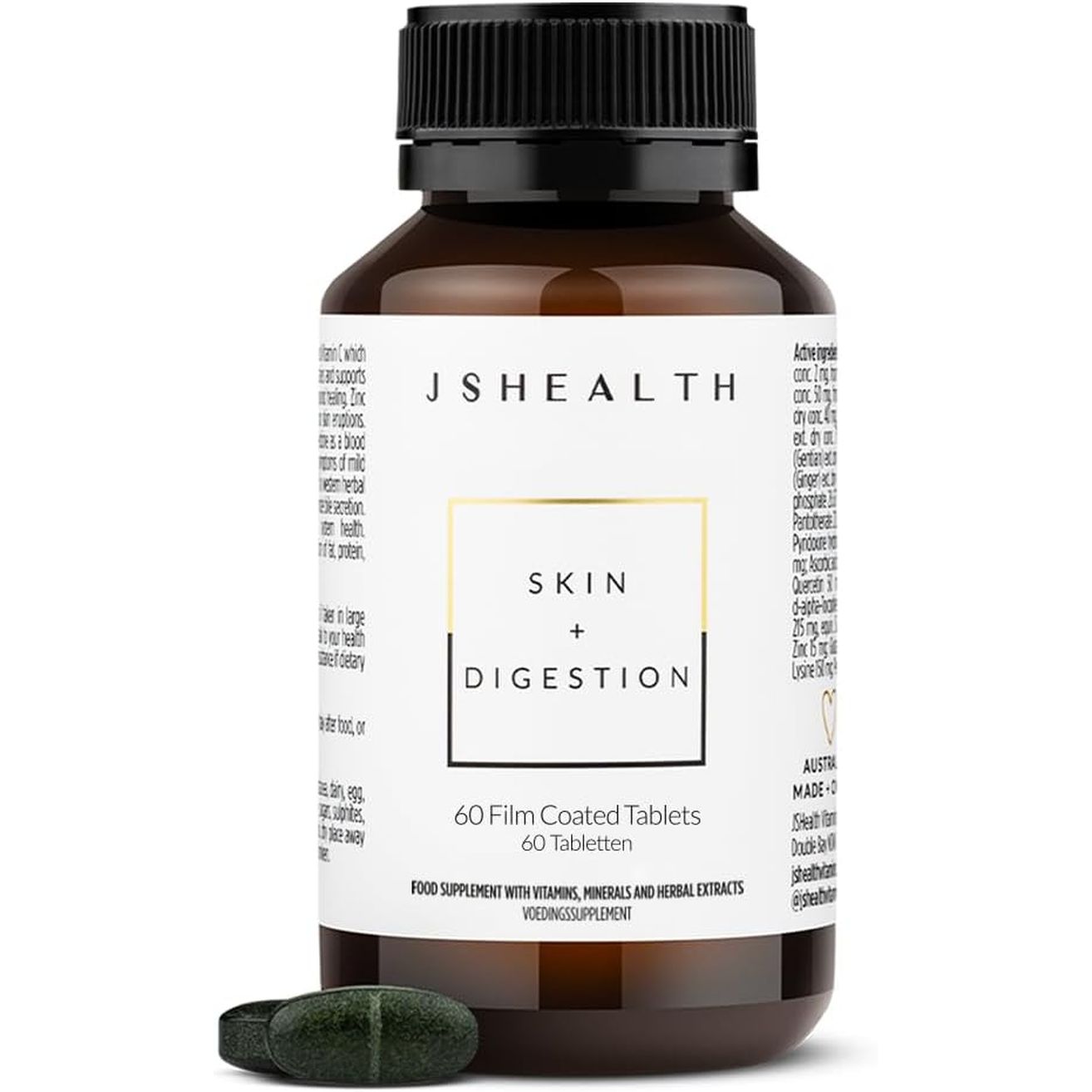 Jshealth Vitamins Skin and Digestion Formula, Skin Supplement with Zinc, Burdock Turmeric, Acne Treatment for Teens & Adults, 60 Tablets