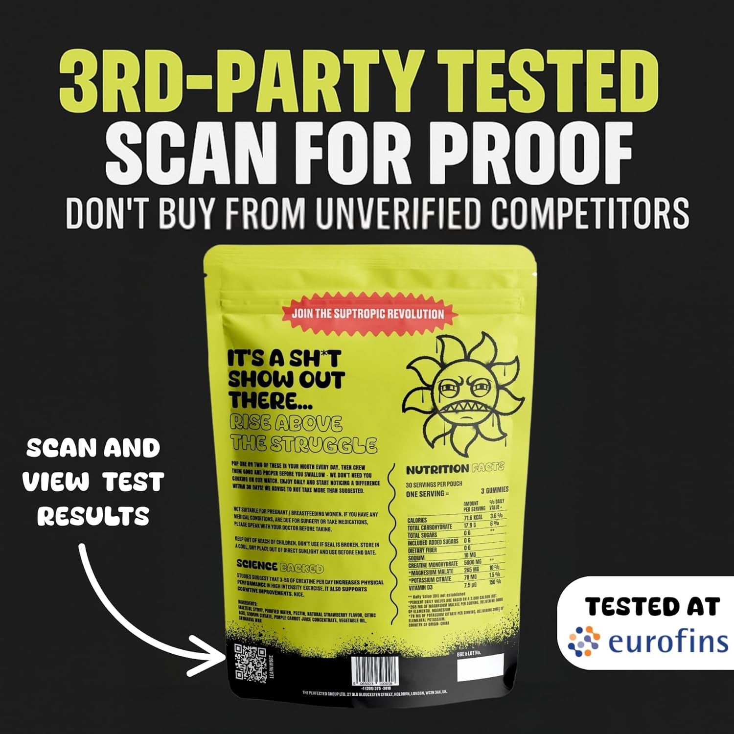 SUPTROPIC Creatine Monohydrate Gummies with Electrolytes – 5000Mg Creatine + Magnesium, Potassium & Vitamin D3 – Zero Sugar, Strawberry Flavor – 90 Gummies – Pre/Post Workout Muscle Support