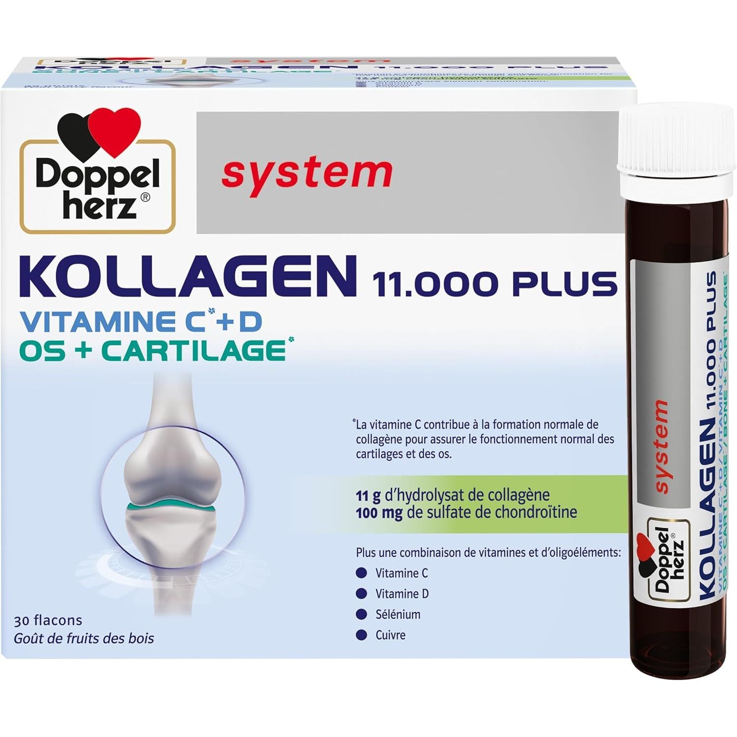 Doppelherz - Kollagen 11000 plus - Collagen Hydrolysate, Chondroitin Sulphate, Vitamins C and D and Trace Elements - for Bones, Cartilages and Tendons - Wild Berry Flavour Liquid- 30 Bottles of 25Ml