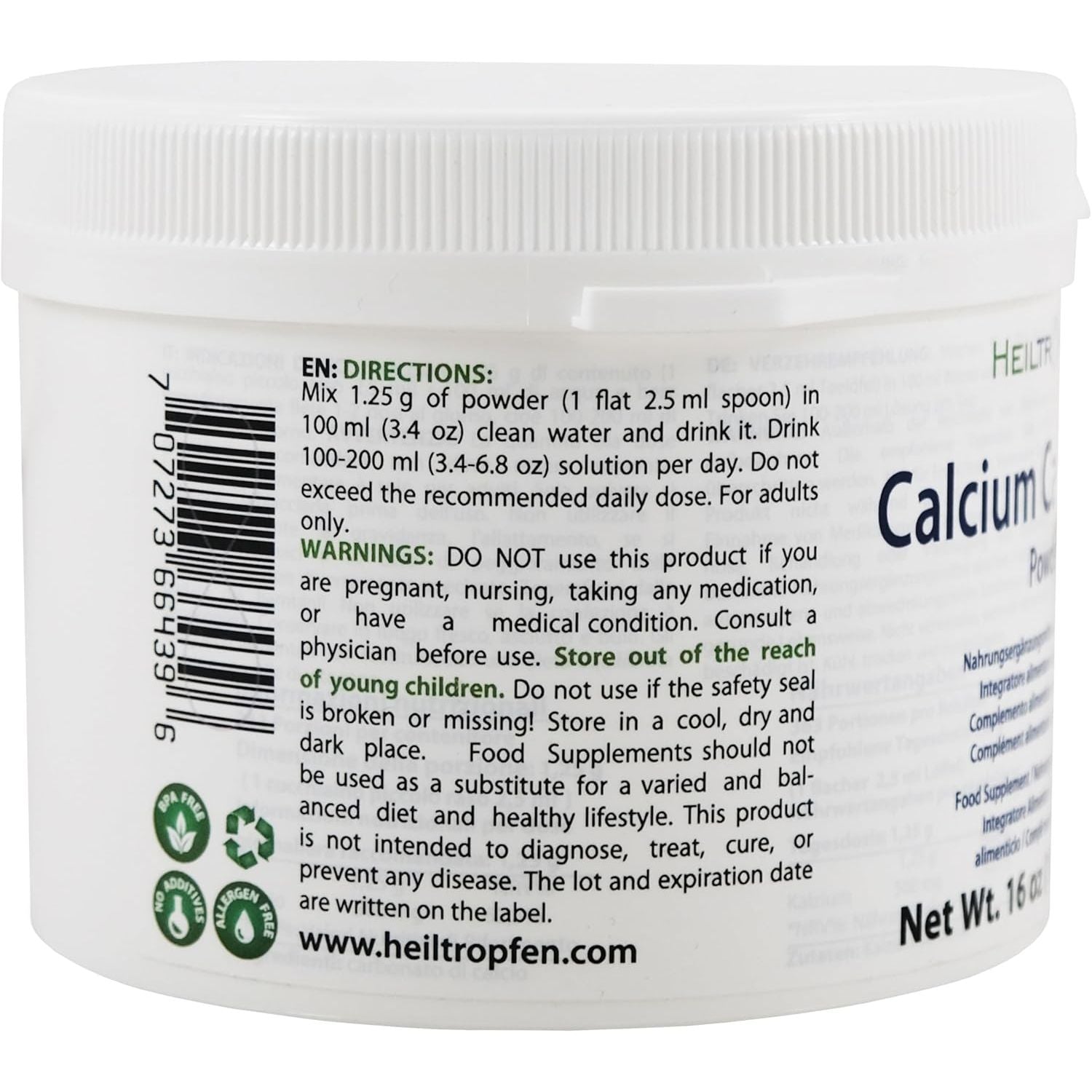 Calcium Carbonate Powder | 1 Pound - 454 G | Food Supplement | Highest Purity Limestone | Heiltropfen®