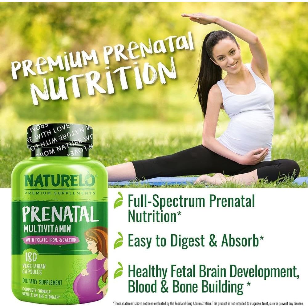 NATURELO Prenatal Multivitamin - Natural Vitamins & Minerals - Active Folate, Iron & Calcium - Essential Nutrients during Pregnancy & Conception - No Gmos - 180 Vegan Capsules | 2 Month Supply