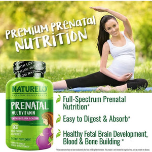 NATURELO Prenatal Multivitamin - Natural Vitamins & Minerals - Active Folate, Iron & Calcium - Essential Nutrients during Pregnancy & Conception - No Gmos - 180 Vegan Capsules | 2 Month Supply